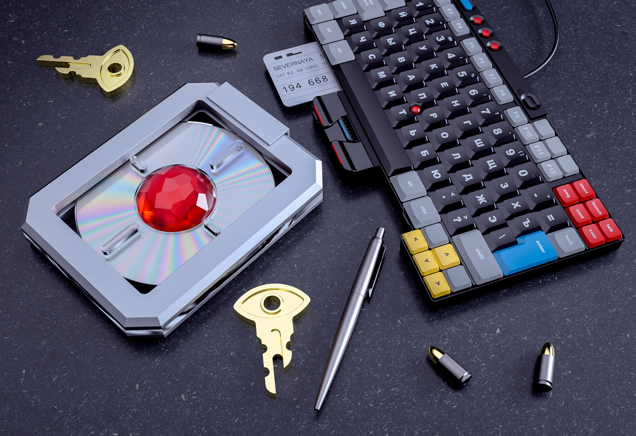 James Bond, 007 Goldeneye disc and keys.